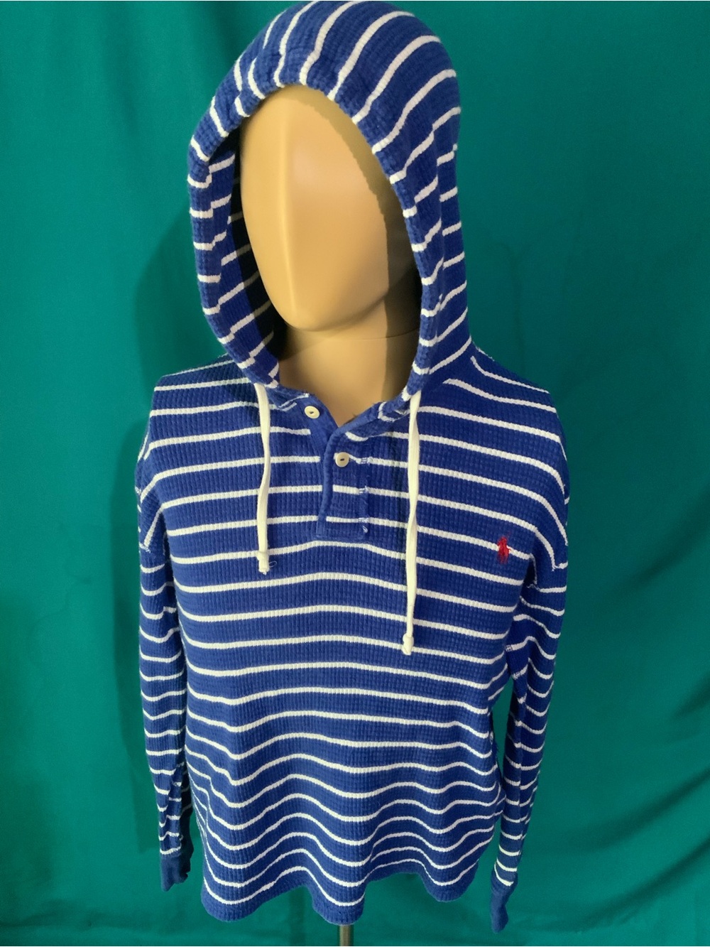 Polo by Ralph Lauren Thermal Blue & White Waffle Knot Striped Hooded Henley